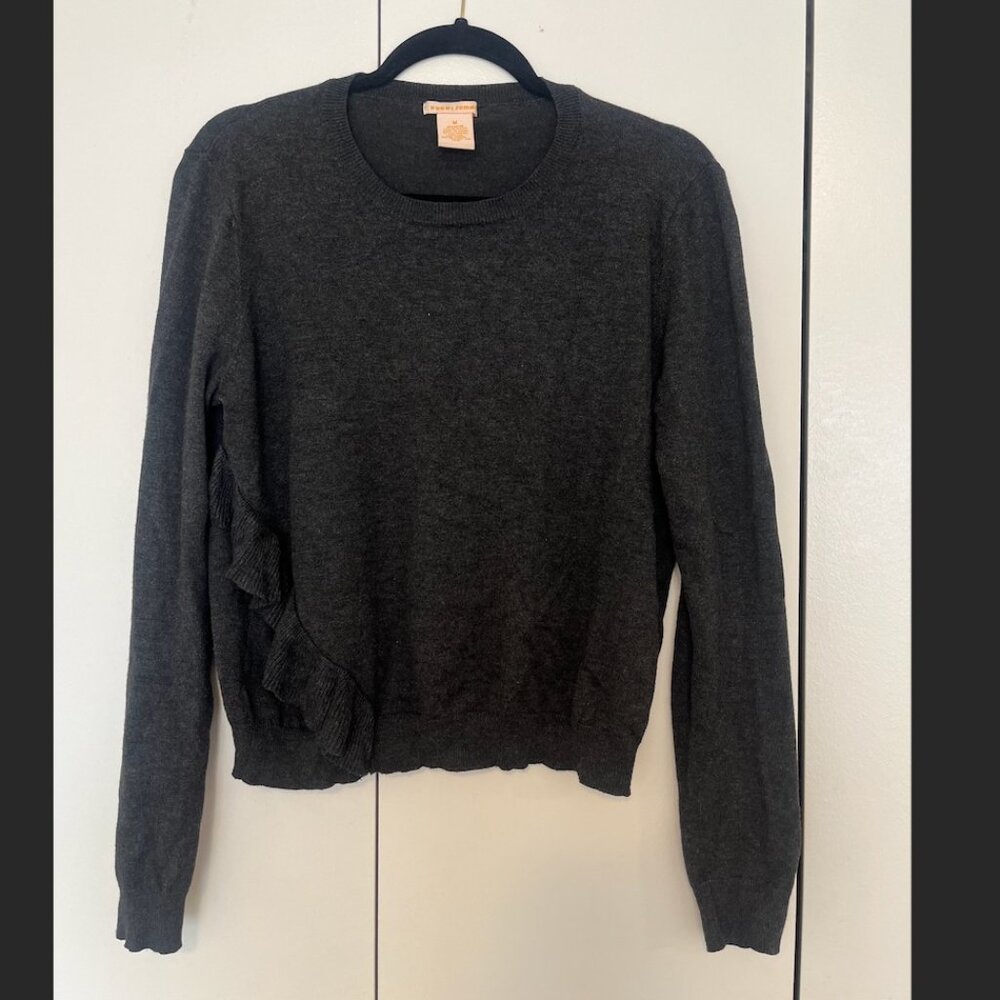 Sweet Romeo | Women's Dark Grey Knit Sweater with Front Ruffle | Sz M